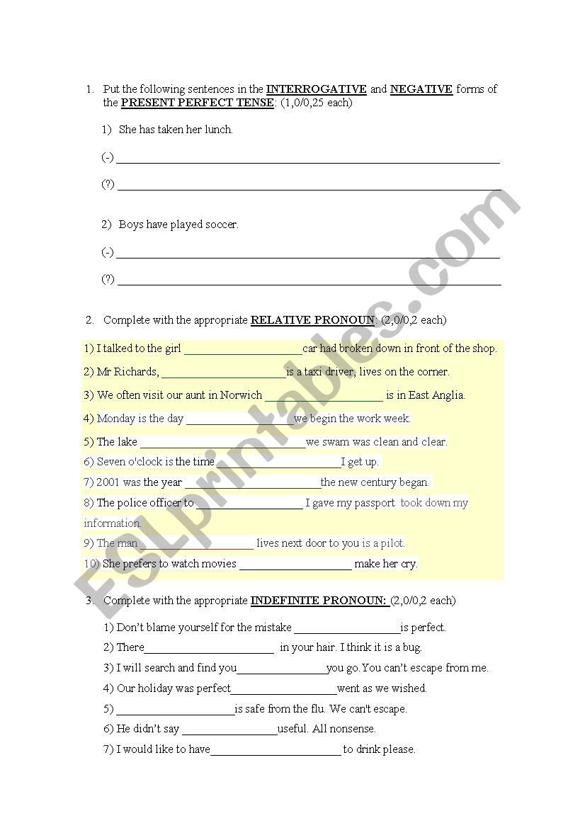 Exercises worksheet