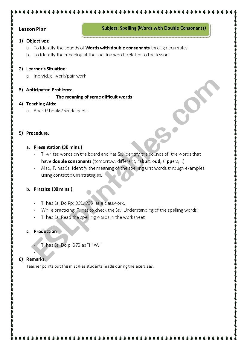 Lesson plan for spelling (Words with double consonants)