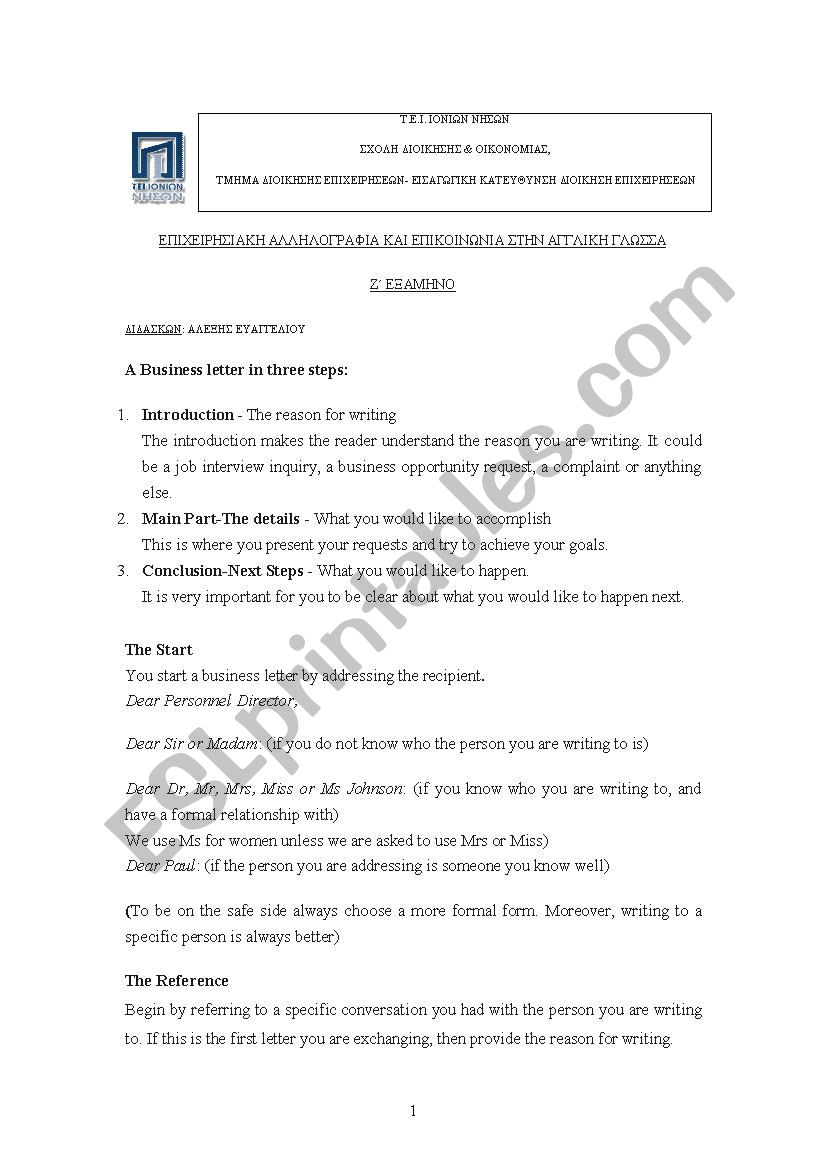 business letter worksheet