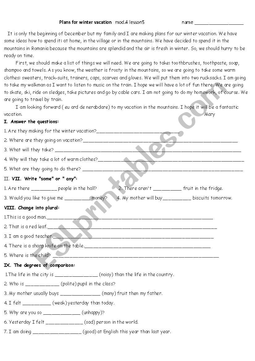 Plans for winter vacation worksheet