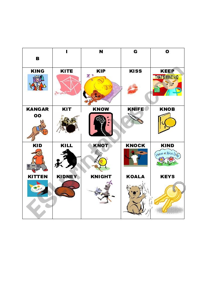 Letter K - Bingo worksheet