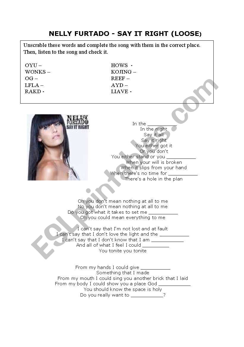 NELLY FURTADO SONG worksheet