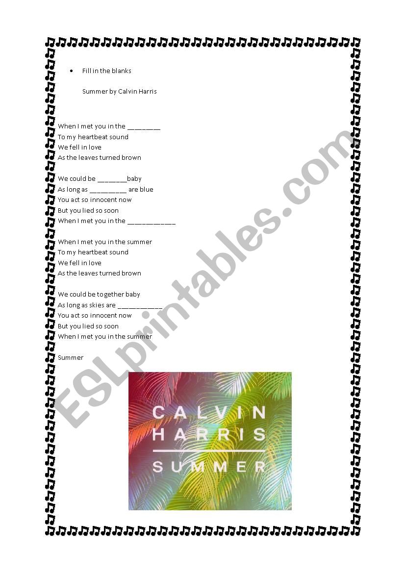 Summer by Calvin Harris worksheet