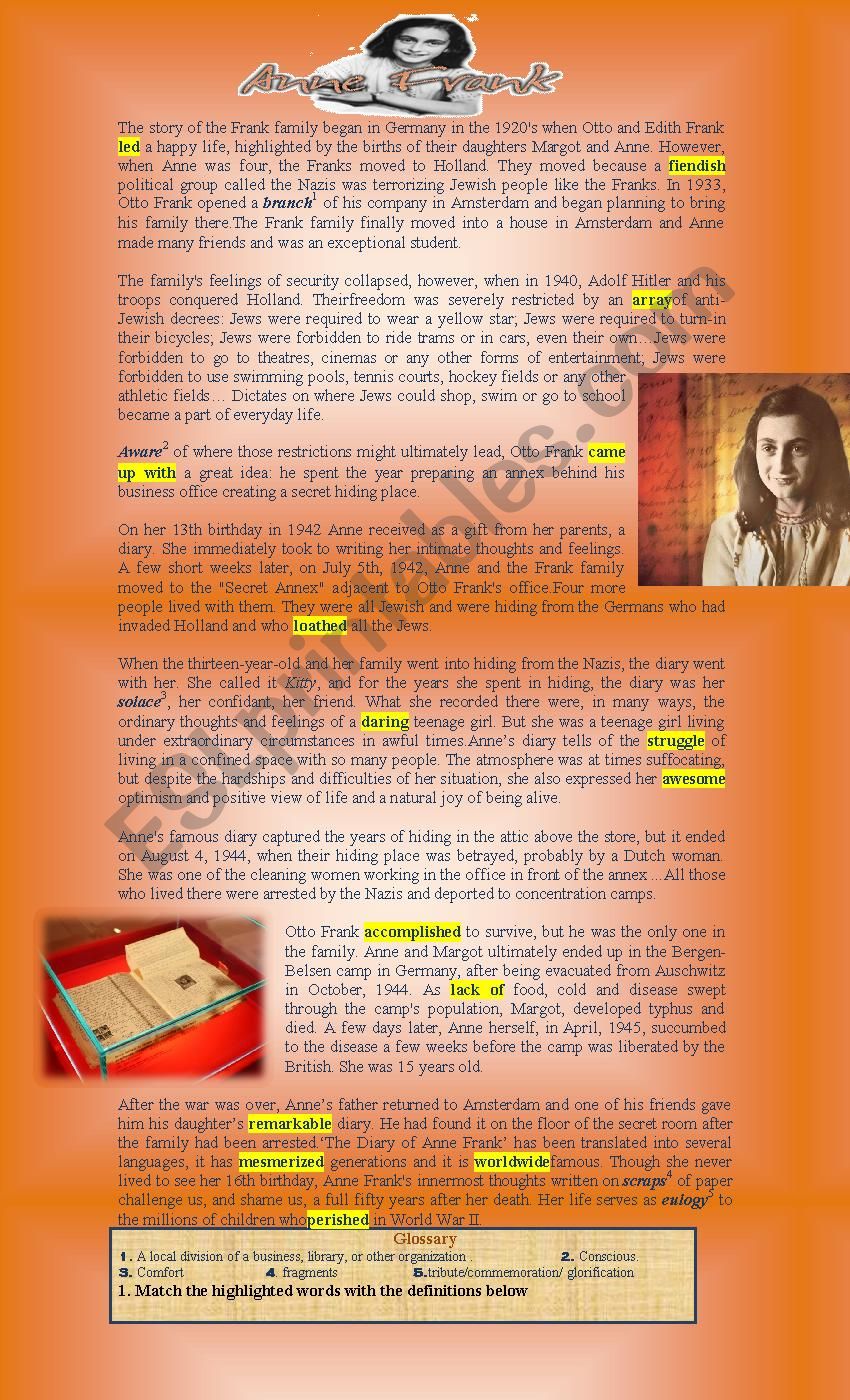 Anne Frank worksheet