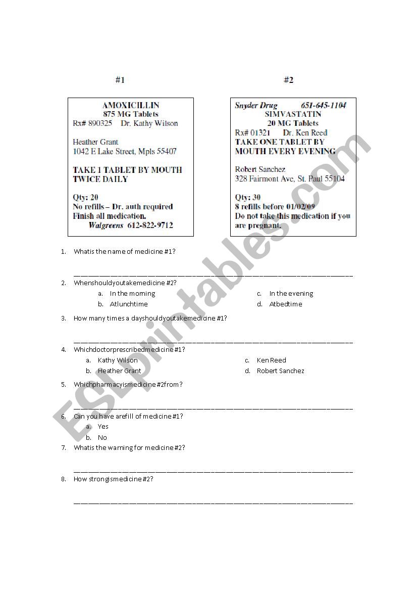 Reading a prescription label worksheet