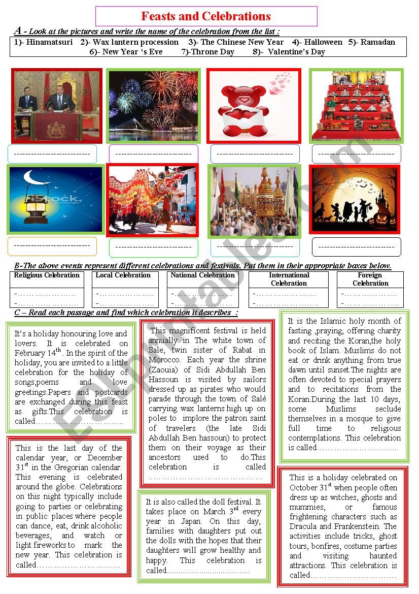 Celebrations and feasts worksheet