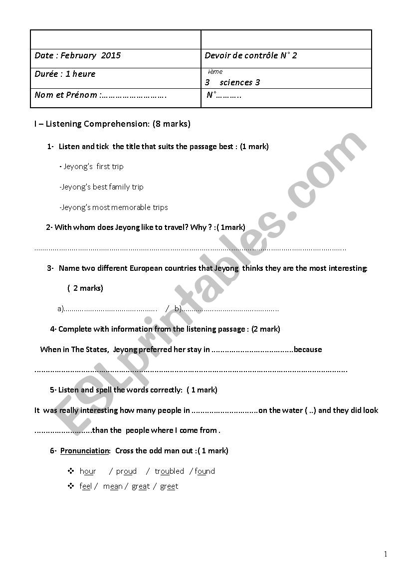 3rd form test n2   Tunisian curriculum