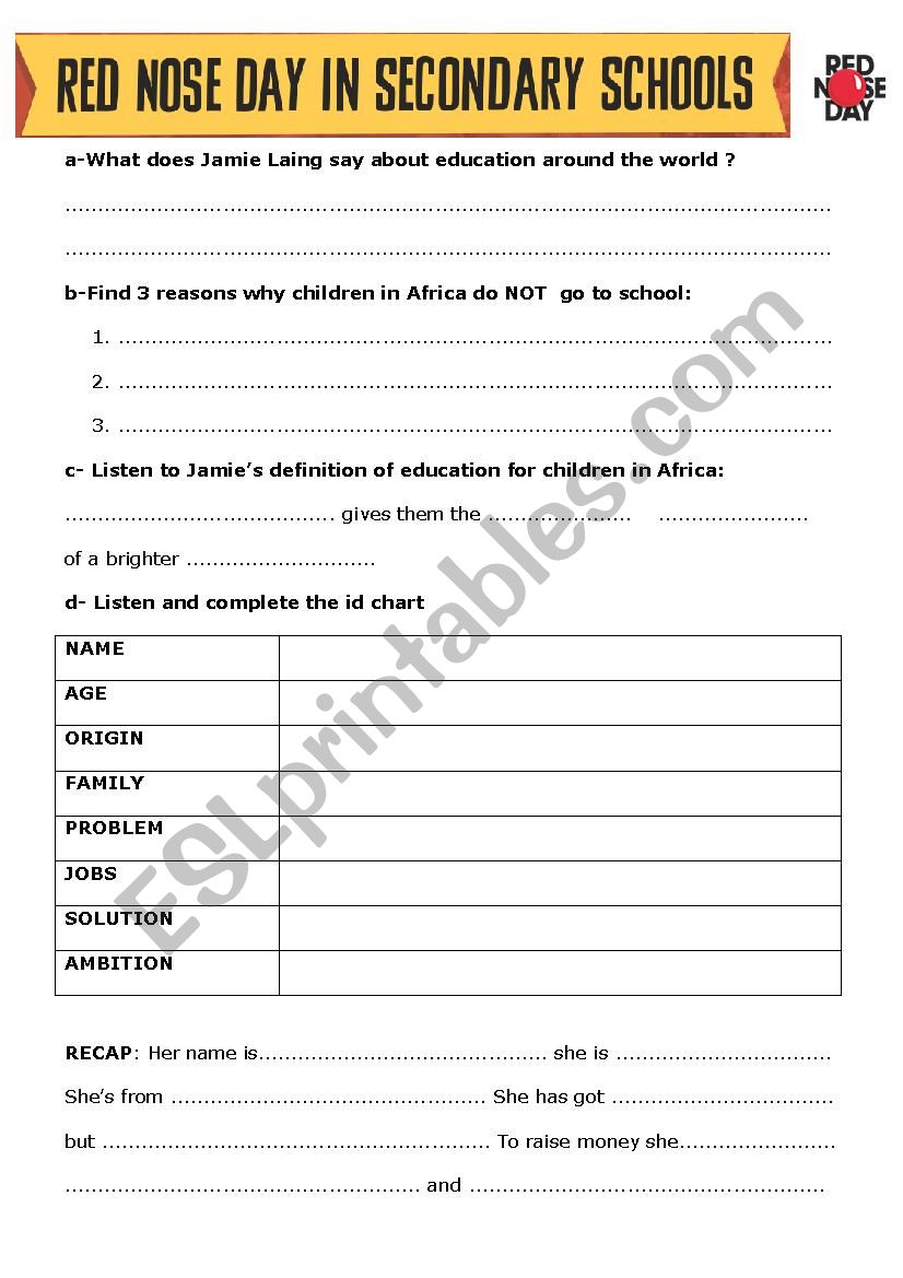 Red Nose Day  VIDEO worksheet