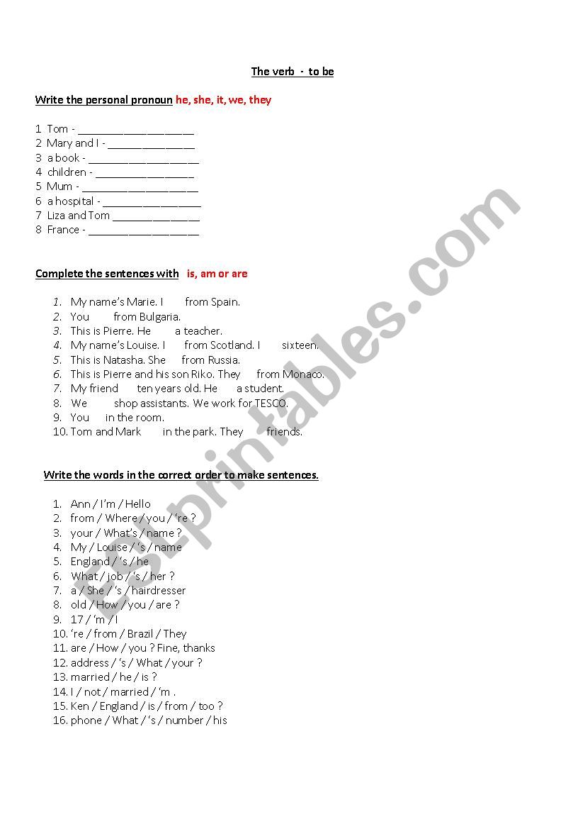 Test - verb to be worksheet