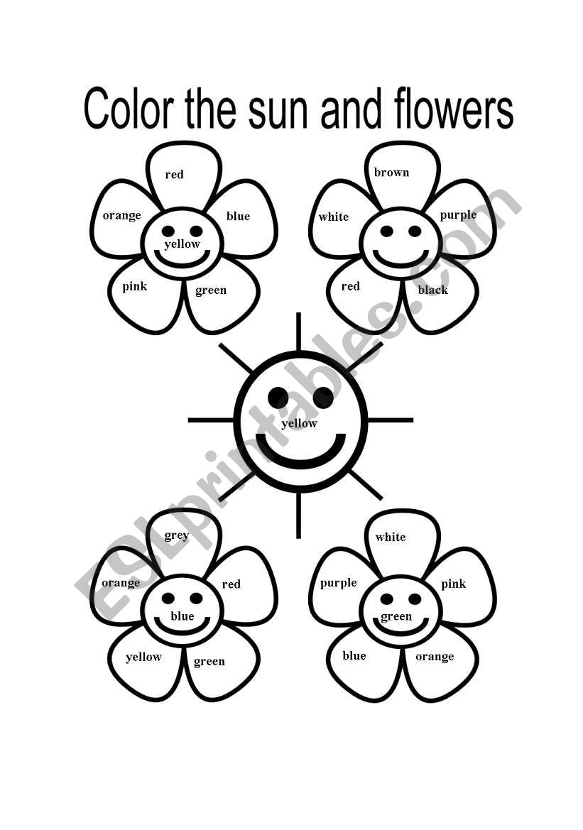 Colour the sun and flowers! worksheet