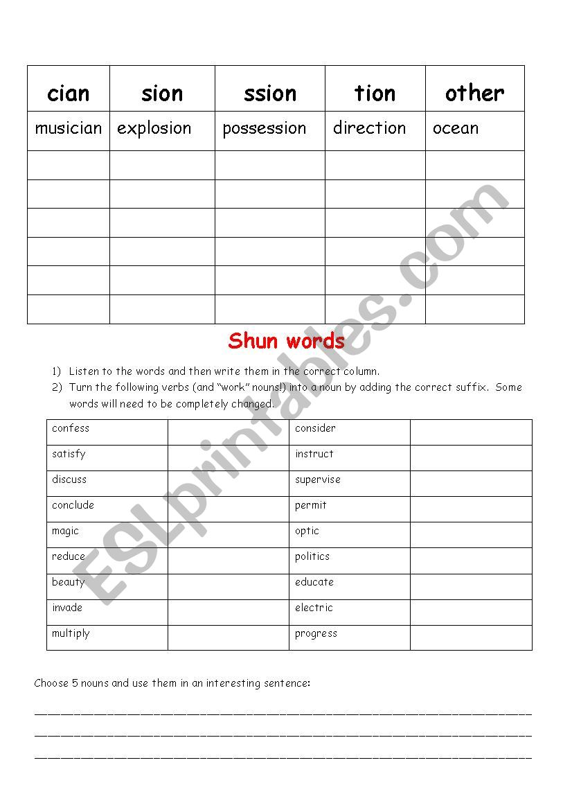 Spelling worksheet for 