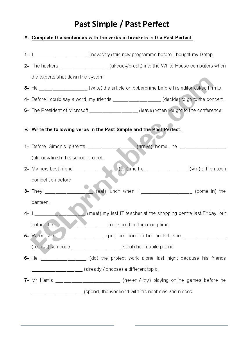 Past Simple and Past Perfect worksheet