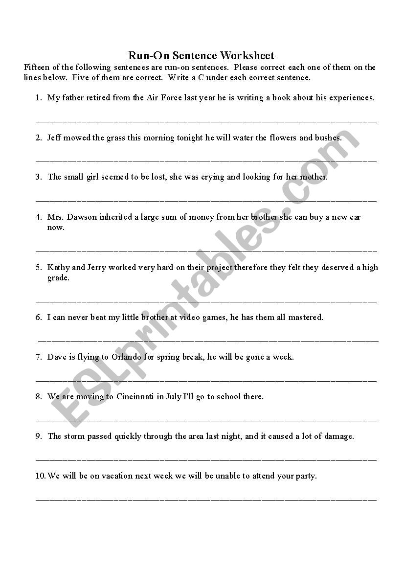 Run on sentence worksheet