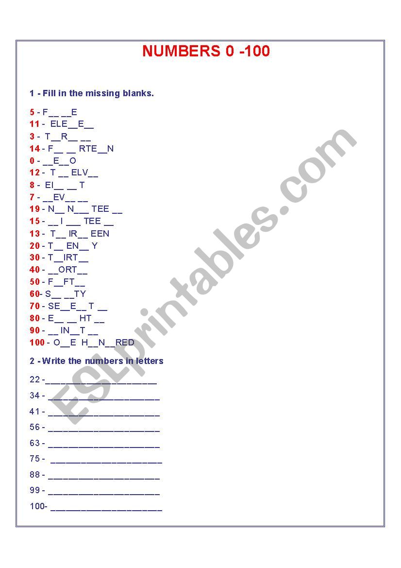 Numbers activities worksheet