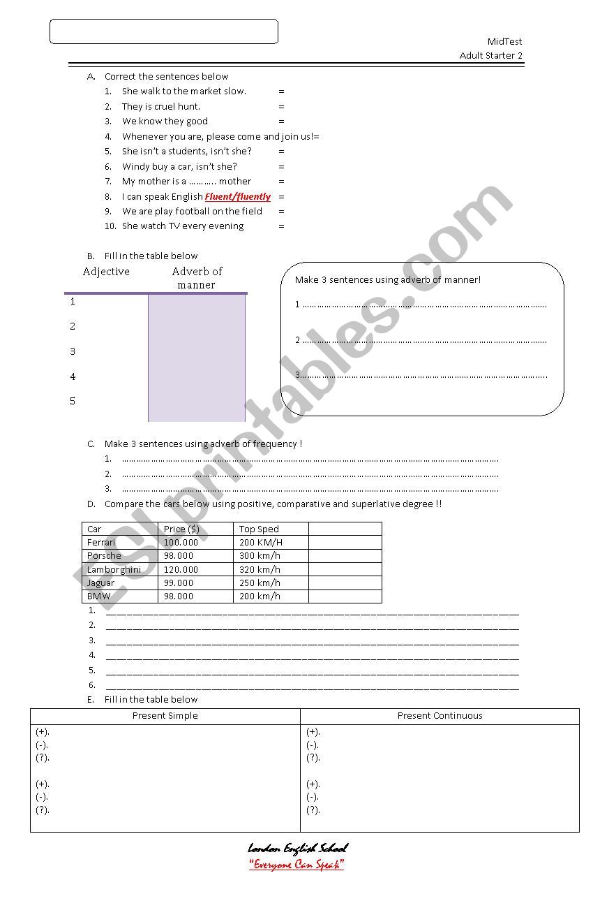 Grammar Test worksheet