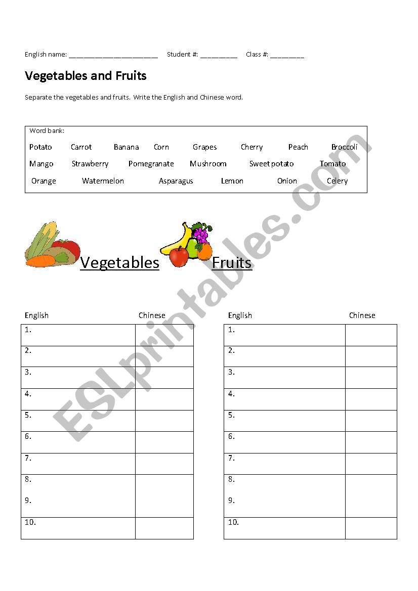 Fruits and Vegetables worksheet