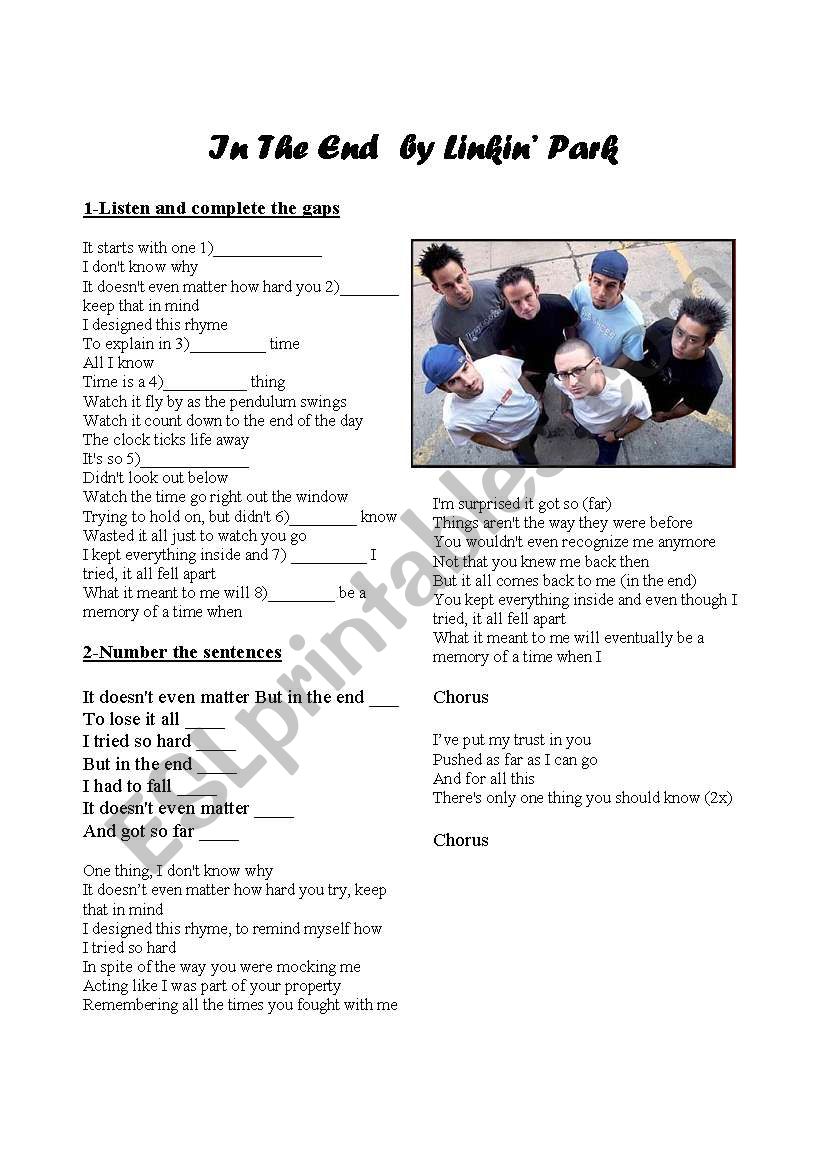 In the End by Linkin Park worksheet