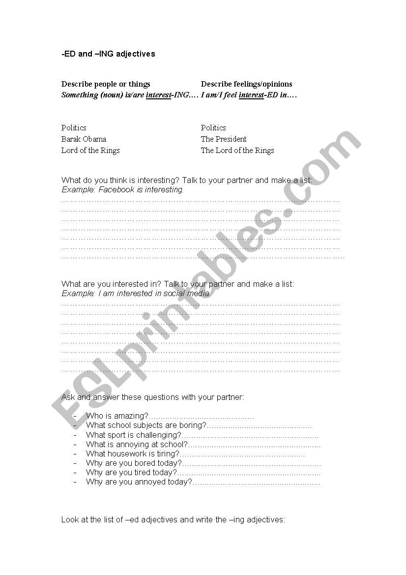 -ed and -ing adjectives worksheet