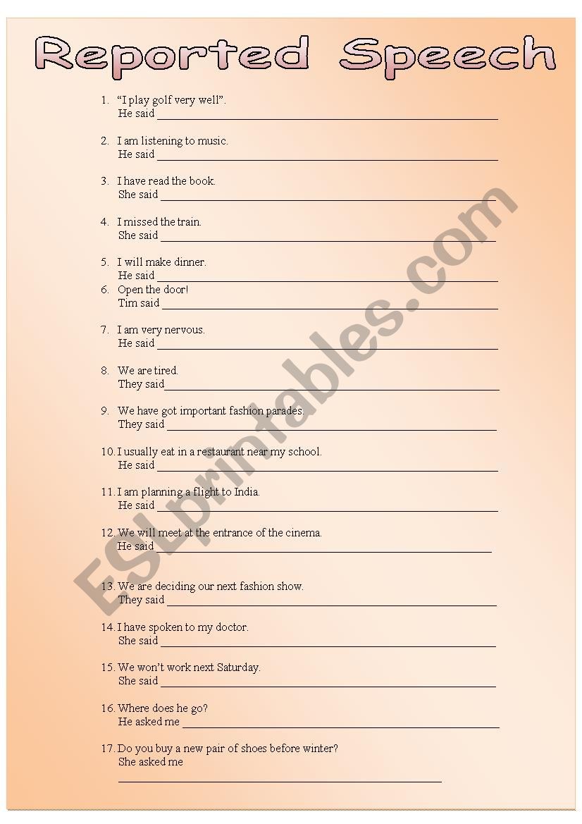 reported speech exercises worksheet