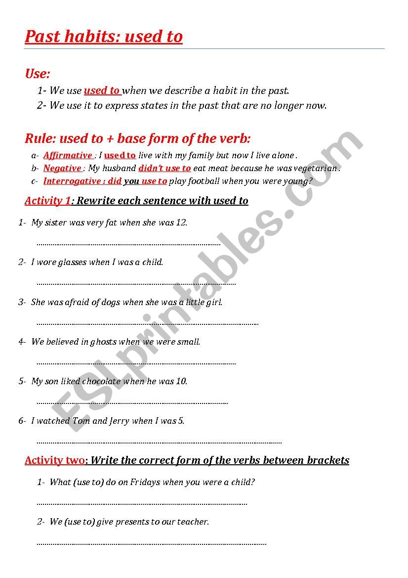 past habit with used to  worksheet