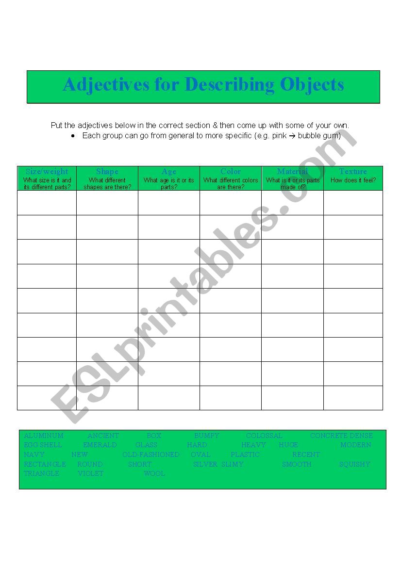 Adjective for objects worksheet