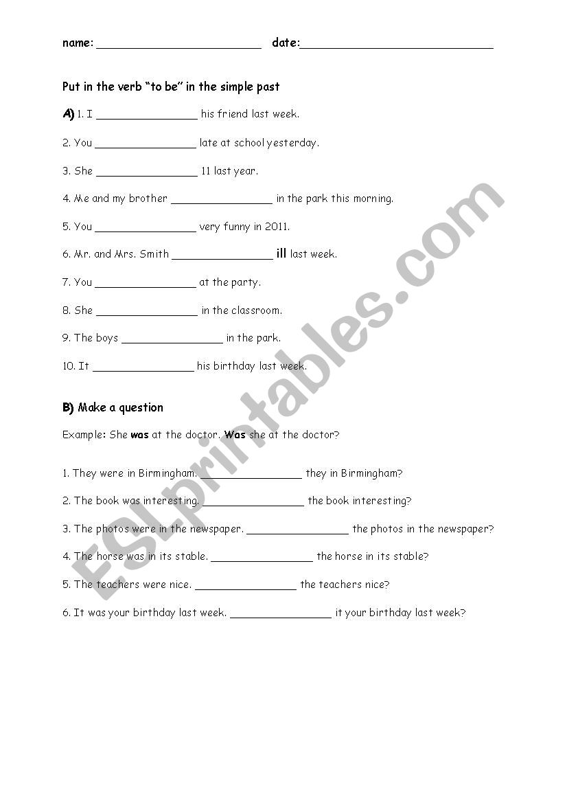 Simple past: Was - were worksheet