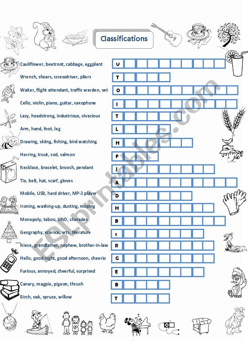 Classifications worksheet