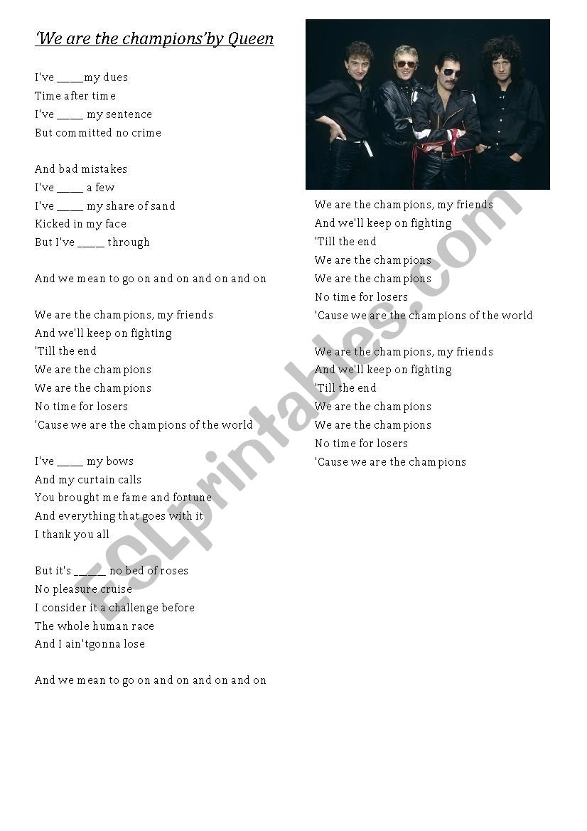  we are the champions song esl worksheet by supermatek