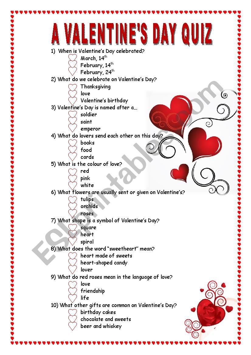 A ValentineÂ´s day quiz worksheet