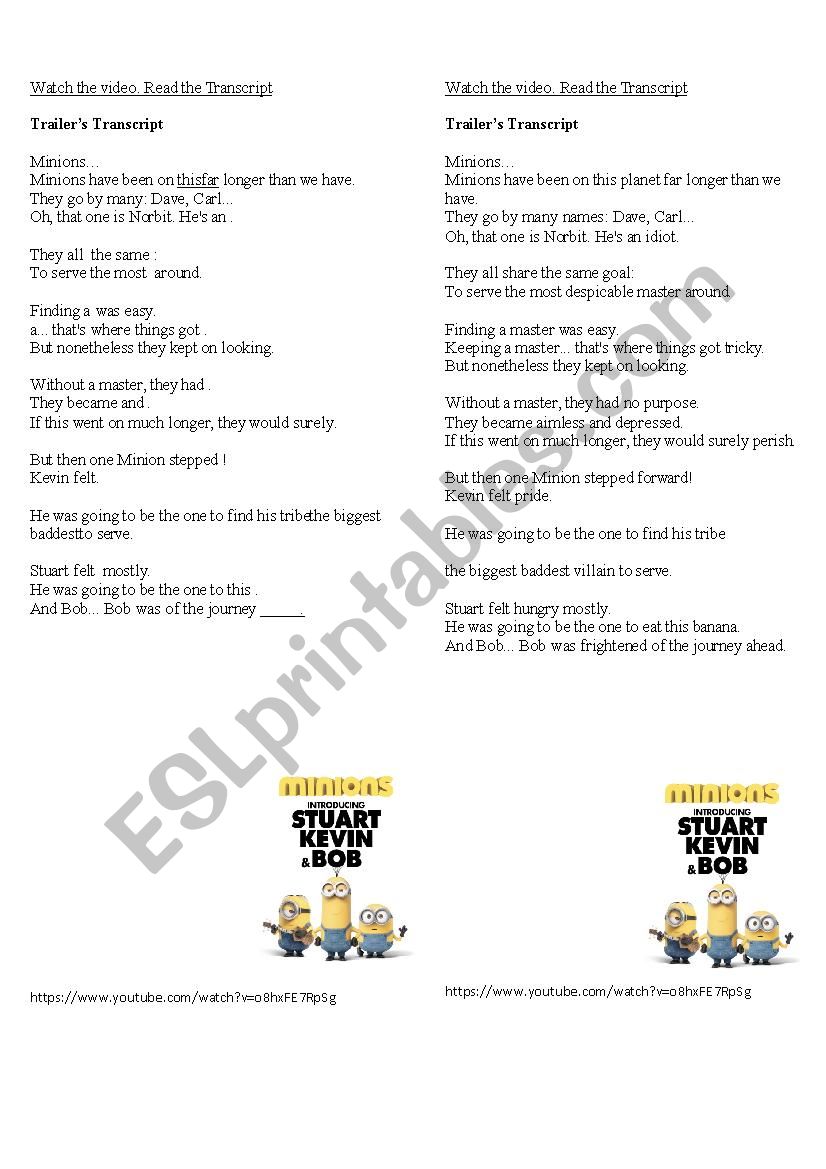 Minion trailer worksheet