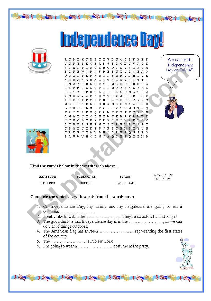 Independence Day - wordsearch and activity