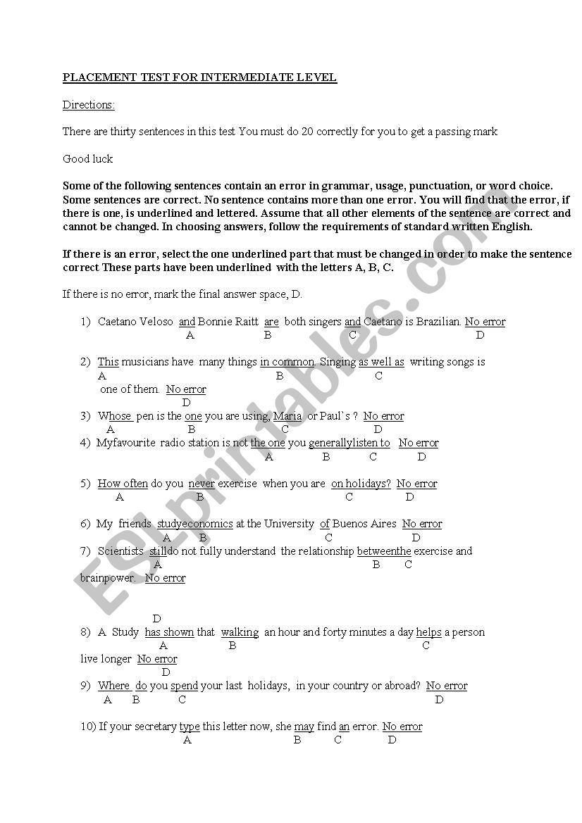 Placement Test worksheet