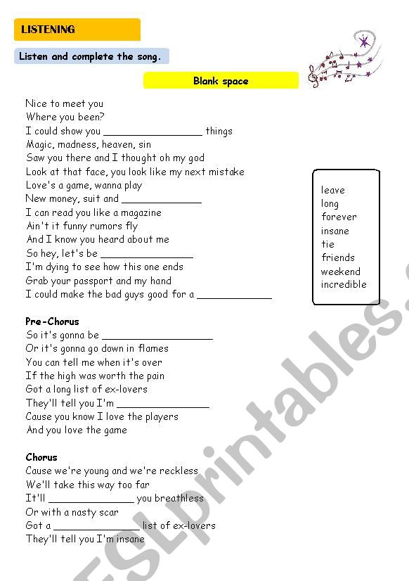 Blank Space worksheet worksheet