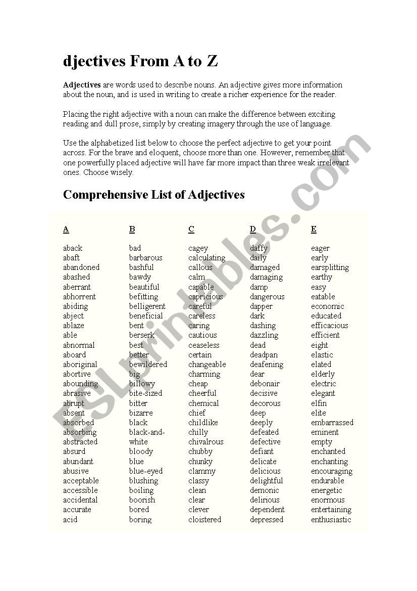 Adjectives from A 2 Z worksheet