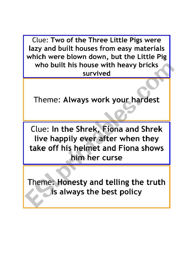 Theme & Moral - Clue/Evidence Matching card game