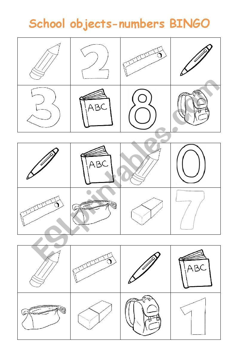 School objects/numbers BINGO worksheet