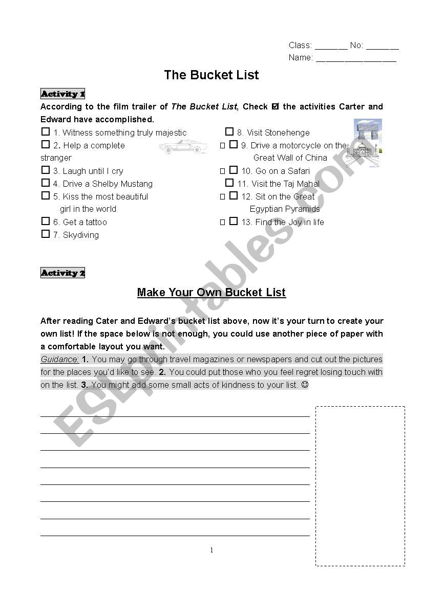 The Bucket List worksheet