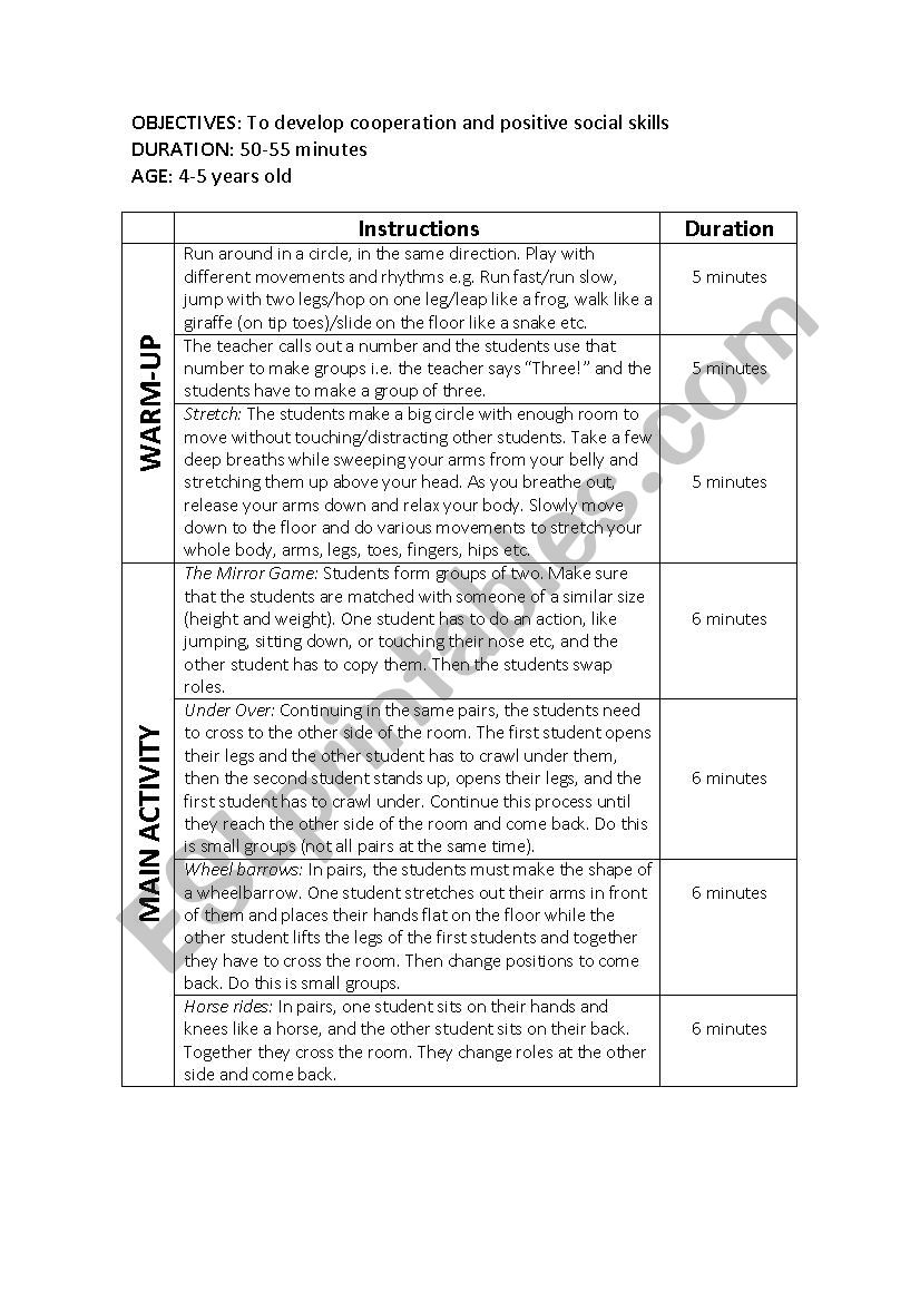 PE lesson for young learners worksheet