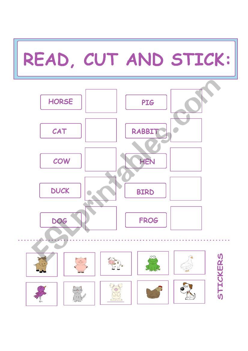 ANIMALS (Read, cut and stick) worksheet