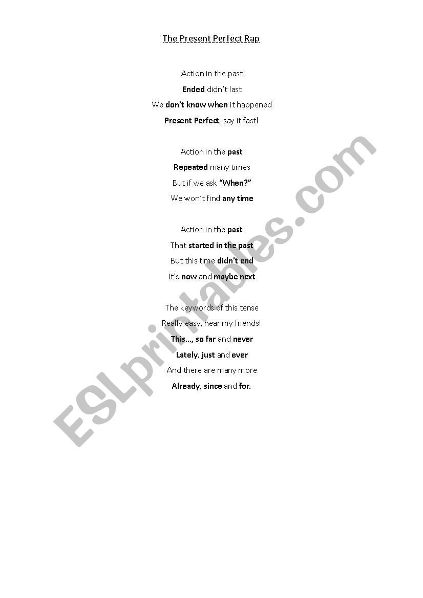 Present Perfect Rap worksheet