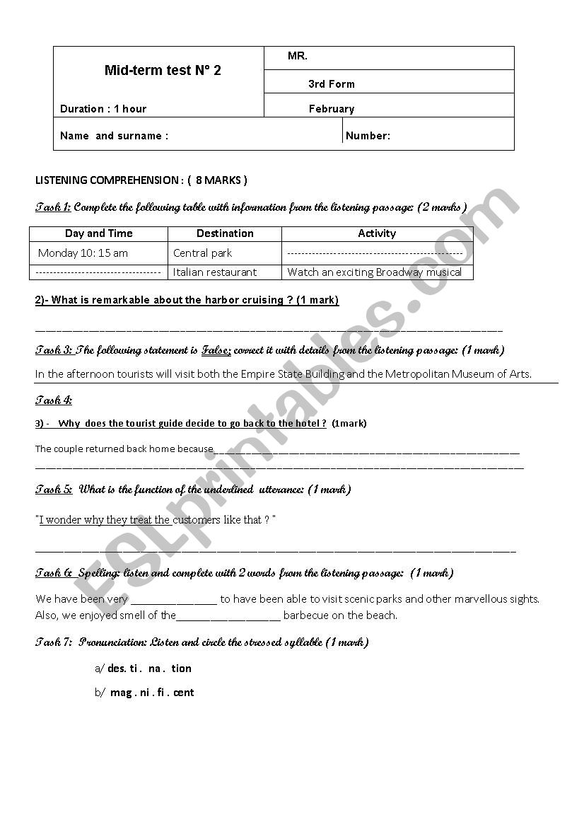 mid term  test  2   3rd form  worksheet