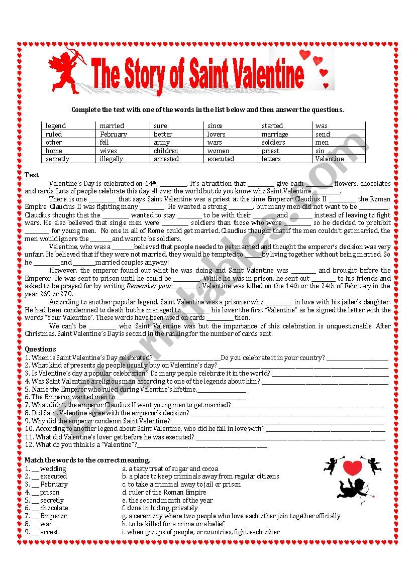 The Story of Saint Valentine worksheet