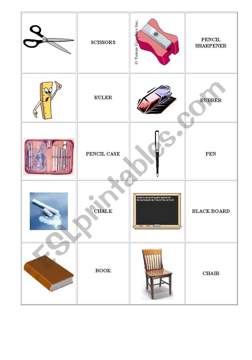 school objects bingo worksheet