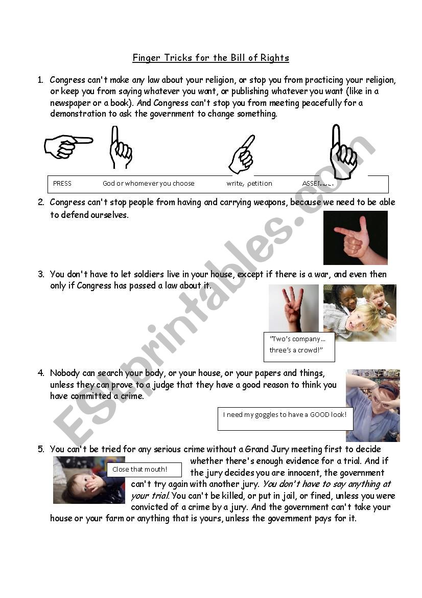 Bill of Rights Finger Tricks worksheet