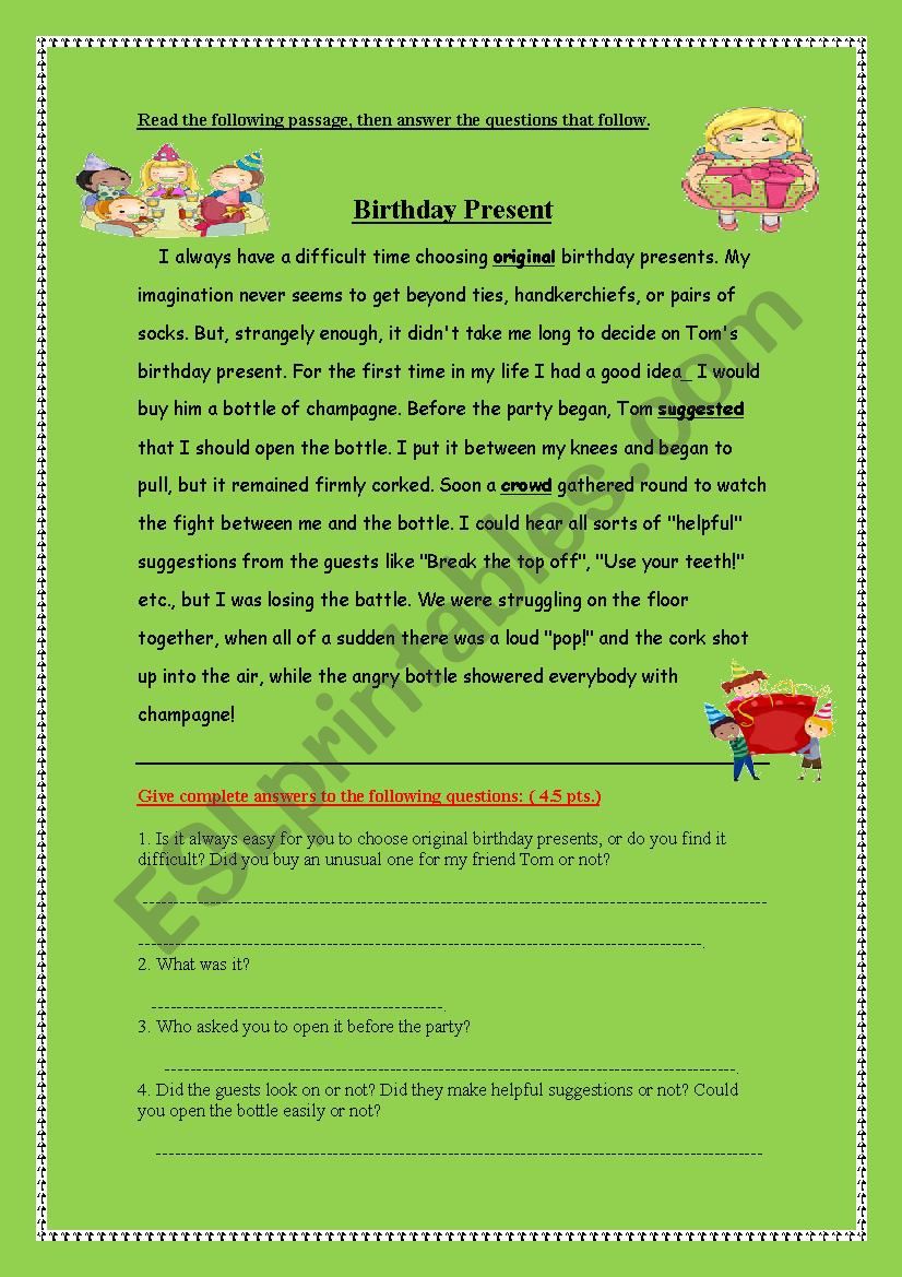 Test about Birthday Present worksheet