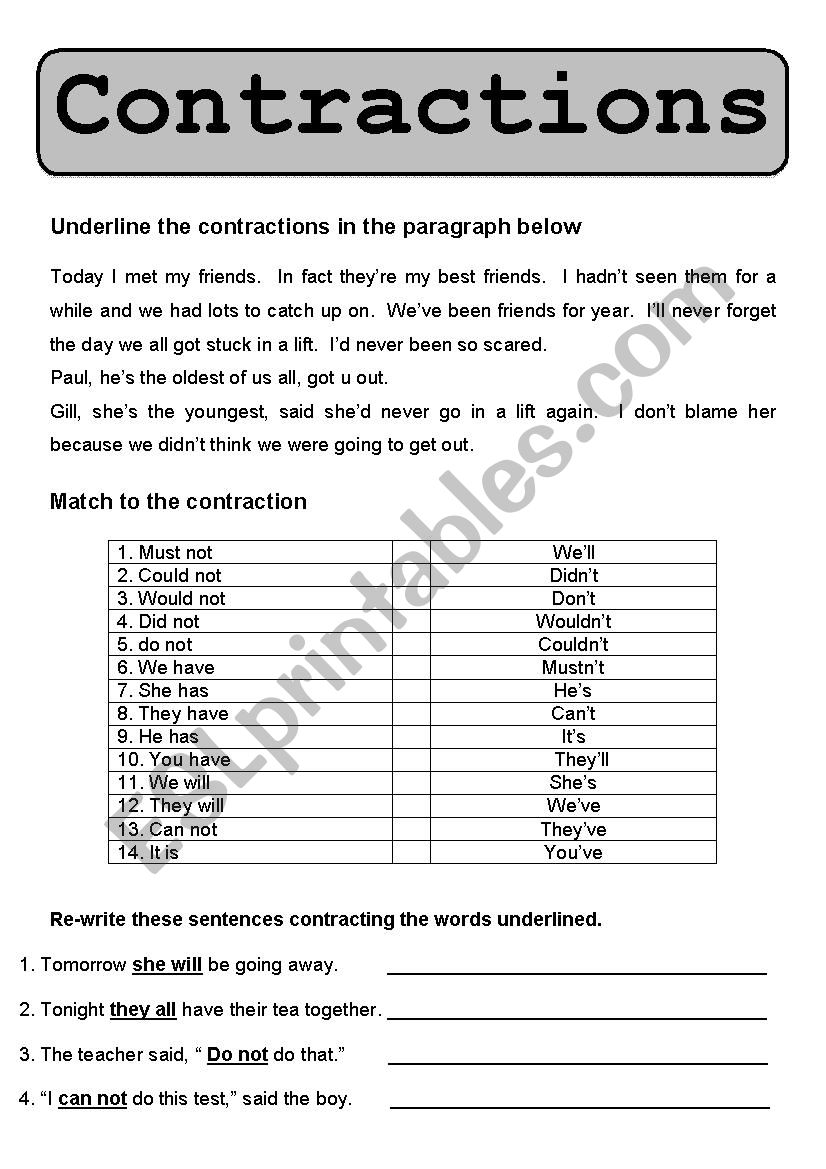 Contractions worksheet