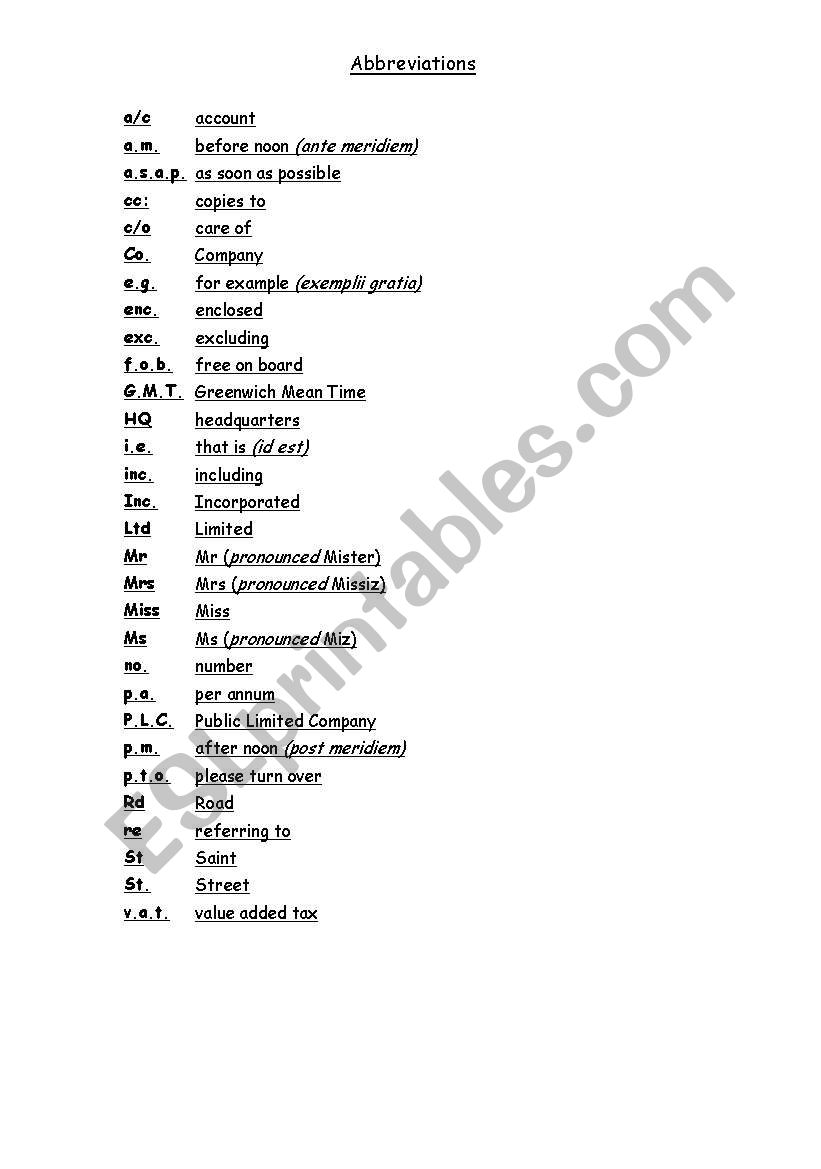 List of abbreviations worksheet