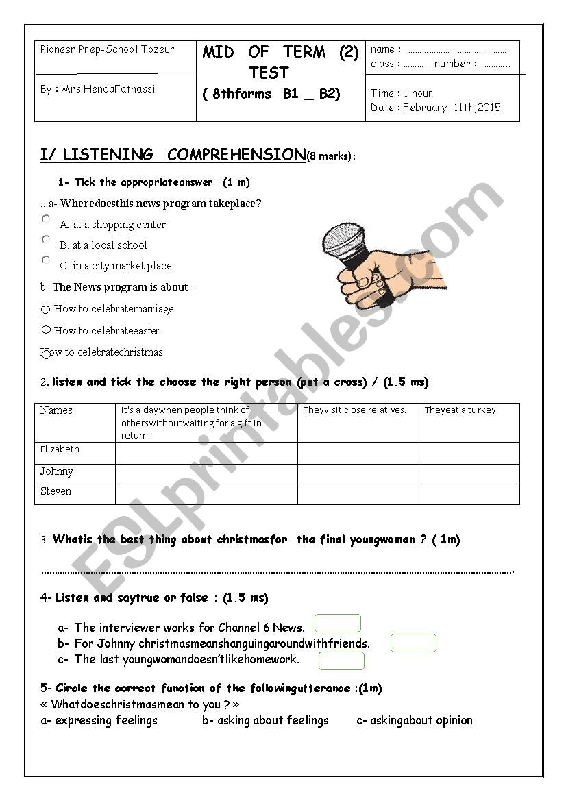 8th form mid term test 2  worksheet