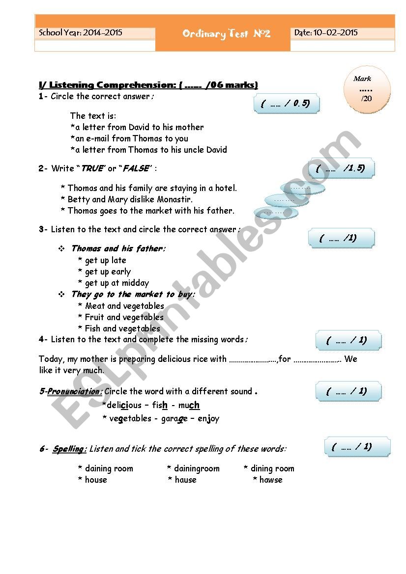 Ordinary Test N 2 7th form  2015