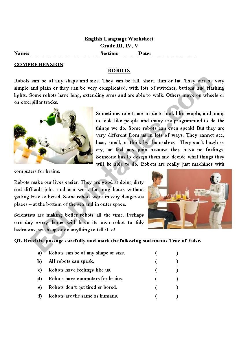 Comprehension about ROBOTS worksheet